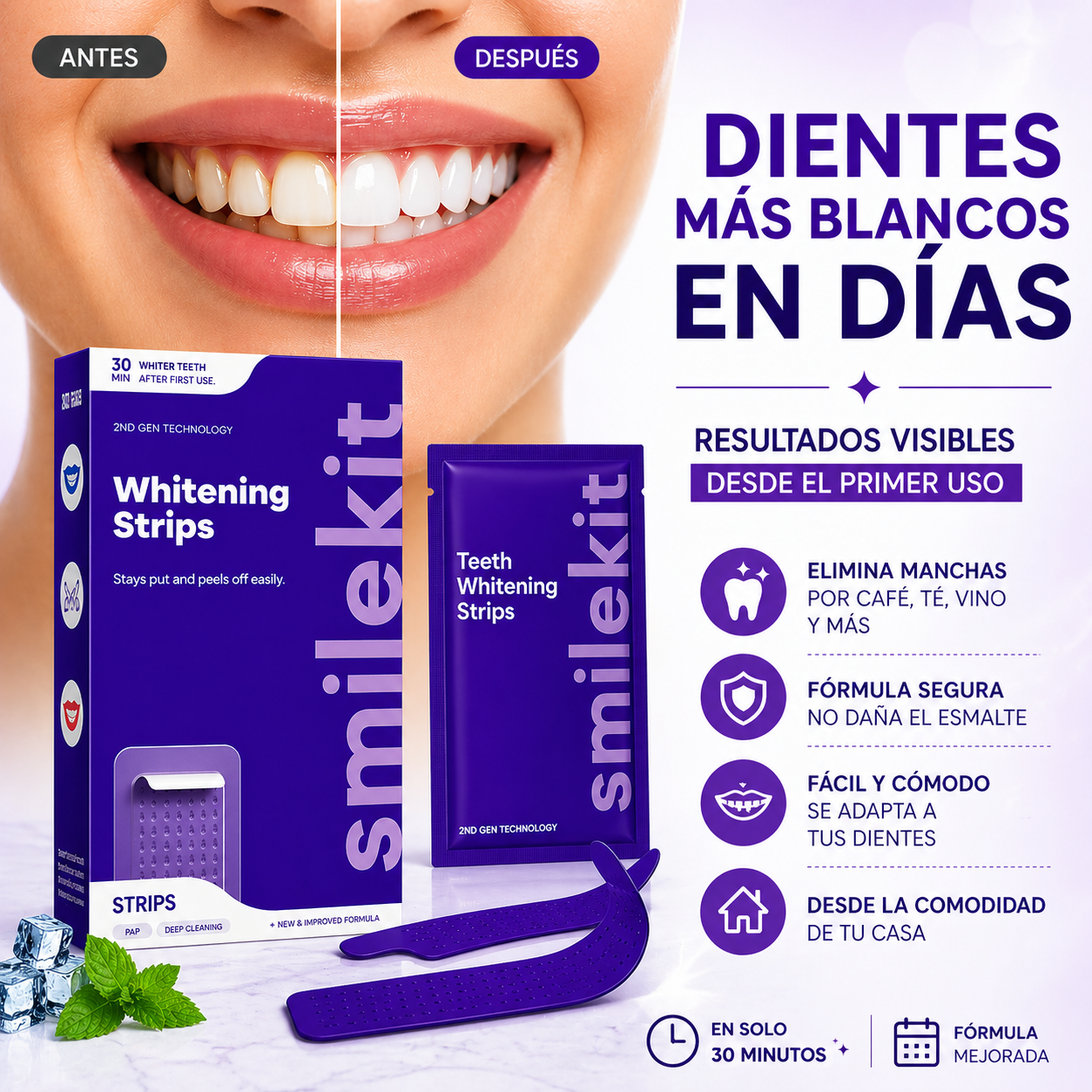 Tiras Blanqueadoras Dentales SmileKit – Sonrisa Blanca en Días